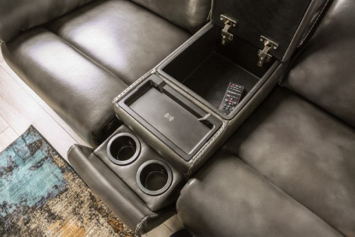 CM9908DG-2PC 2 pc Josias dark grey faux leather sofa and love seat recliner ends wireless charging cup console