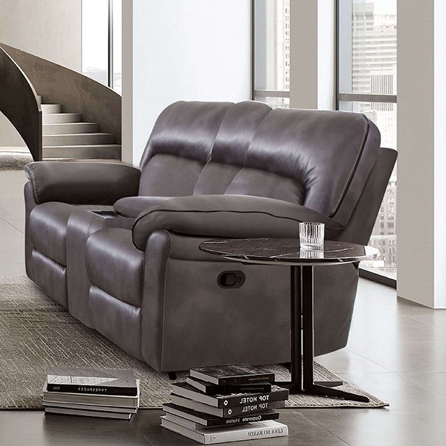 CM9908DG-2PC 2 pc Josias dark grey faux leather sofa and love seat recliner ends wireless charging cup console