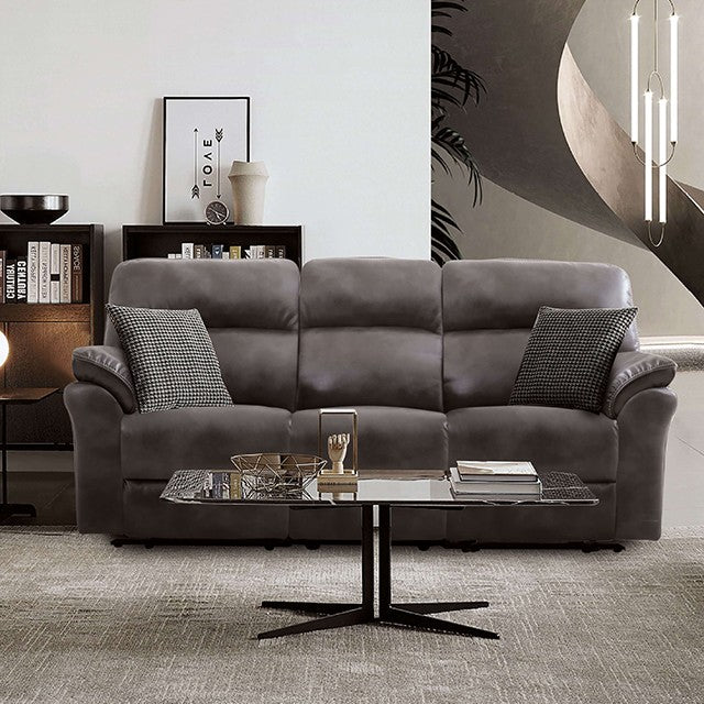 CM9908DG-2PC 2 pc Josias dark grey faux leather sofa and love seat recliner ends wireless charging cup console