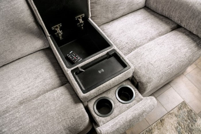 CM9908DV-2PC 2 pc Josias light gray fabric sofa and love seat recliner ends wireless charging cup console
