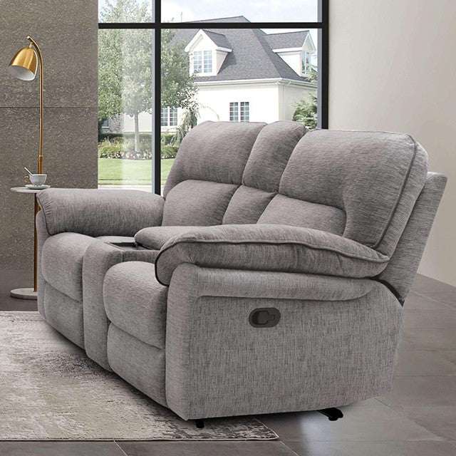 CM9908DV-2PC 2 pc Josias light gray fabric sofa and love seat recliner ends wireless charging cup console