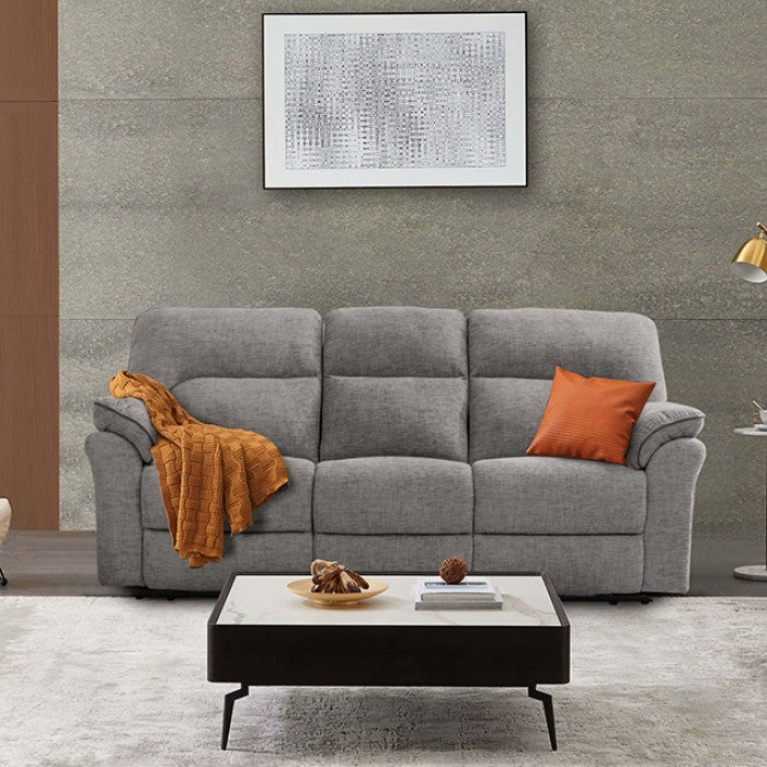 CM9908DV-2PC 2 pc Josias light gray fabric sofa and love seat recliner ends wireless charging cup console