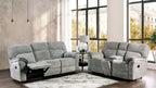 CM9908DV-2PC 2 pc Josias light gray fabric sofa and love seat recliner ends wireless charging cup console