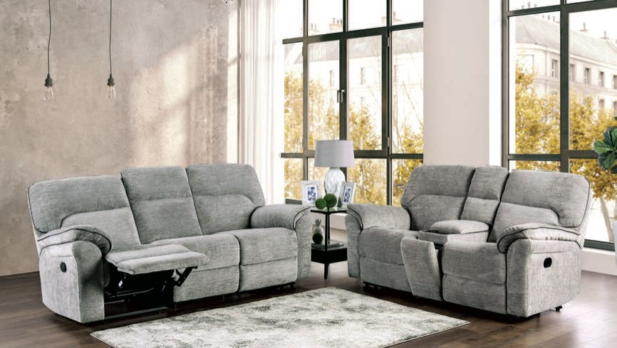CM9908DV-2PC 2 pc Josias light gray fabric sofa and love seat recliner ends wireless charging cup console