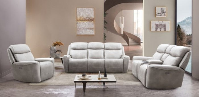 CM9922FG-PM-2PC 2 pc Artemia light taupe leatherette sofa and love seat with power recliner ends USB ports
