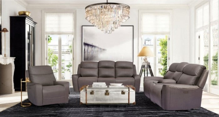 CM9922GY-PM-2PC 2 pc Artemia grey leatherette sofa and love seat with power recliner ends USB ports