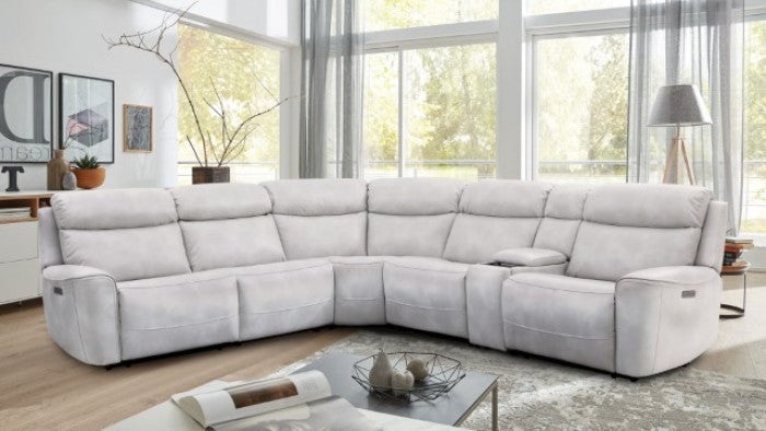 CM9923FG-PM 3 pc Edmondus light taupe leatherette sectional sofa with power recliner ends power adjustable headrests