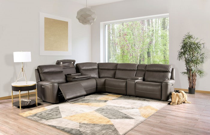 CM9923GY-PM 3 pc Edmondus dark gray leatherette sectional sofa with power recliner ends power adjustable headrests