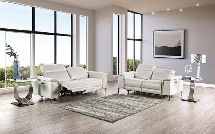 CM9927FG-PM 2 pc Ascona light taupe breathable leatherette mid-century modern power motion recliner sofa and love seat set