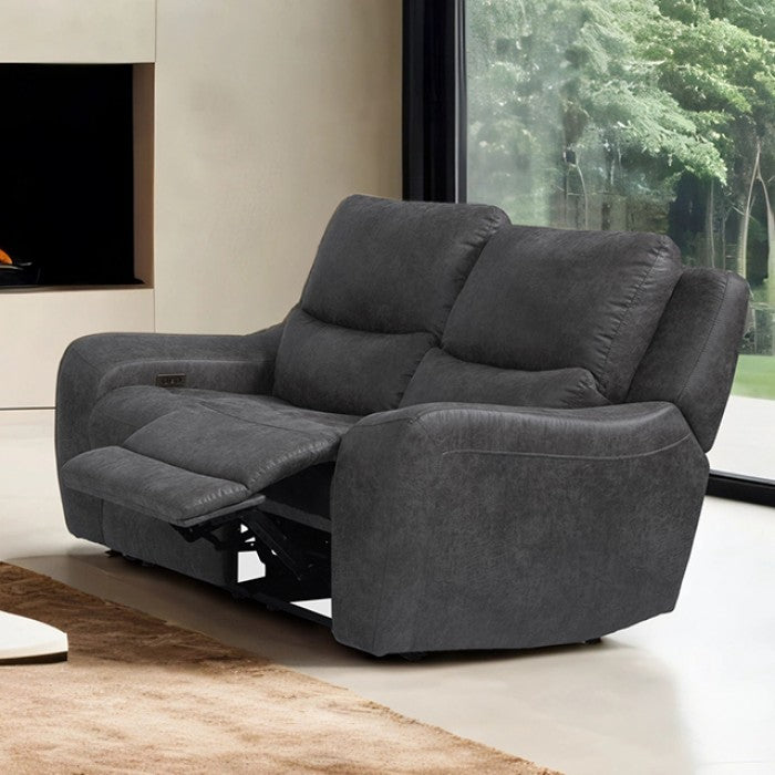CM9931DG-PM 2 pc Demetrius dark grey faux leather like fabric power motion sofa and love seat with USB plugs
