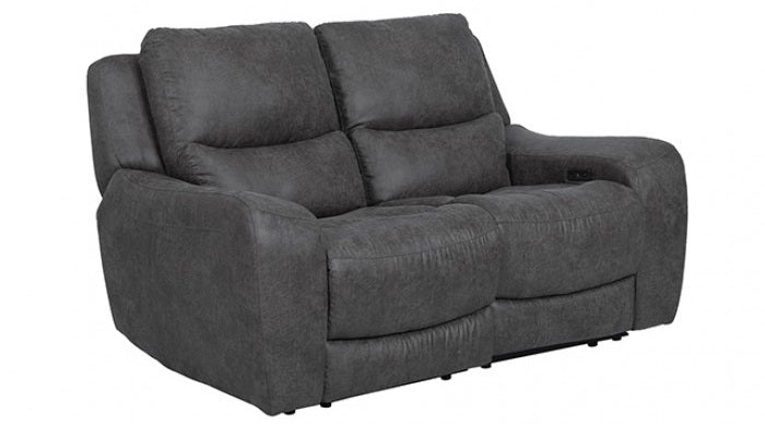 CM9931DG-PM 2 pc Demetrius dark grey faux leather like fabric power motion sofa and love seat with USB plugs