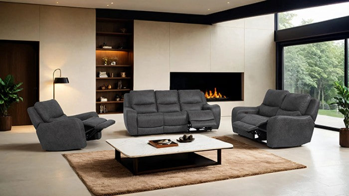 CM9931DG-PM 2 pc Demetrius dark grey faux leather like fabric power motion sofa and love seat with USB plugs