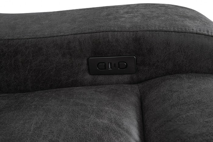 CM9931DG-PM 2 pc Demetrius dark grey faux leather like fabric power motion sofa and love seat with USB plugs