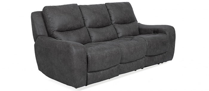 CM9931DG-PM 2 pc Demetrius dark grey faux leather like fabric power motion sofa and love seat with USB plugs