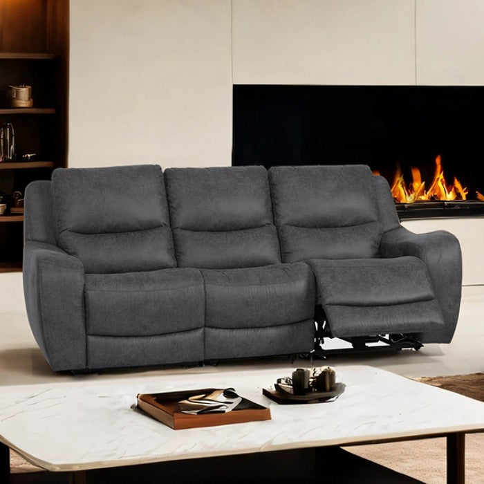 CM9931DG-PM 2 pc Demetrius dark grey faux leather like fabric power motion sofa and love seat with USB plugs