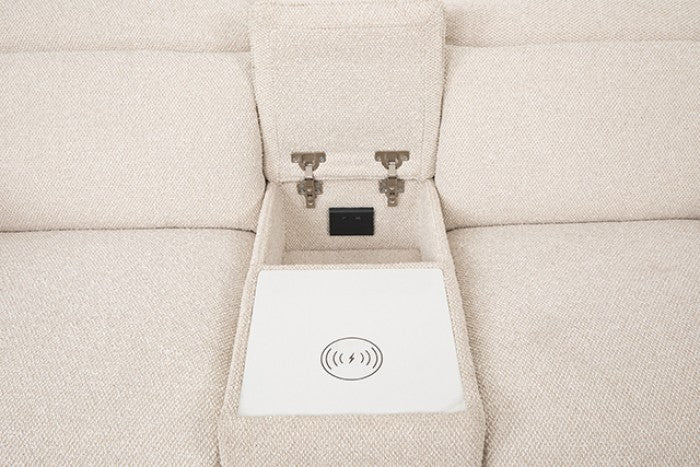 CM9934WH-PM 2 pc Thaddea white fabric power motion sofa and love seat with wireless charging