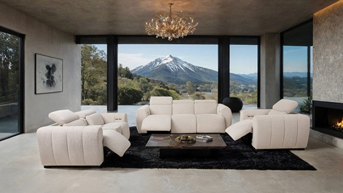 CM9934WH-PM 2 pc Thaddea white fabric power motion sofa and love seat with wireless charging