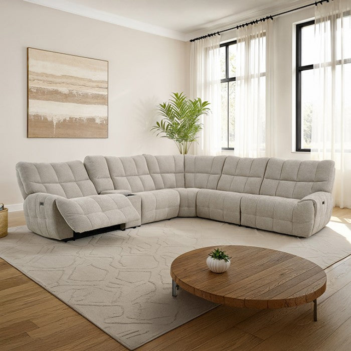 CM9936BG-PM 6 pc Clemens beige chenille sectional sofa with power motion recliners and wireless charging pad console