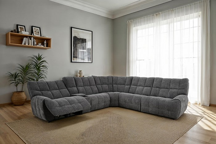 CM9936DG-PM 6 pc Clemens dark grey chenille sectional sofa with power motion recliners and wireless charging pad console