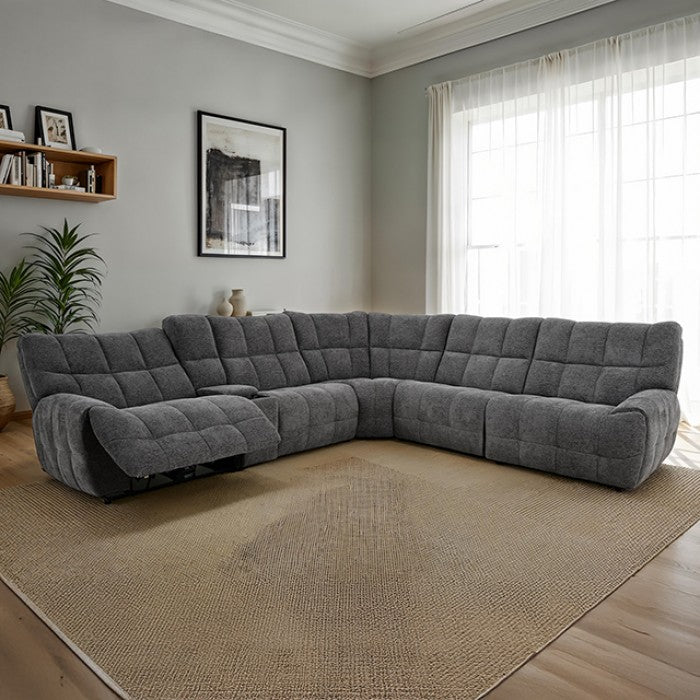 CM9936DG-PM 6 pc Clemens dark grey chenille sectional sofa with power motion recliners and wireless charging pad console
