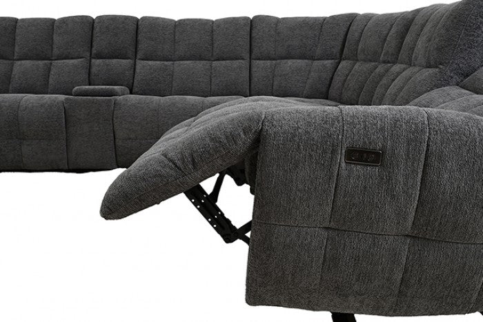 CM9936DG-PM 6 pc Clemens dark grey chenille sectional sofa with power motion recliners and wireless charging pad console