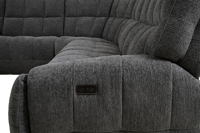 CM9936DG-PM 6 pc Clemens dark grey chenille sectional sofa with power motion recliners and wireless charging pad console