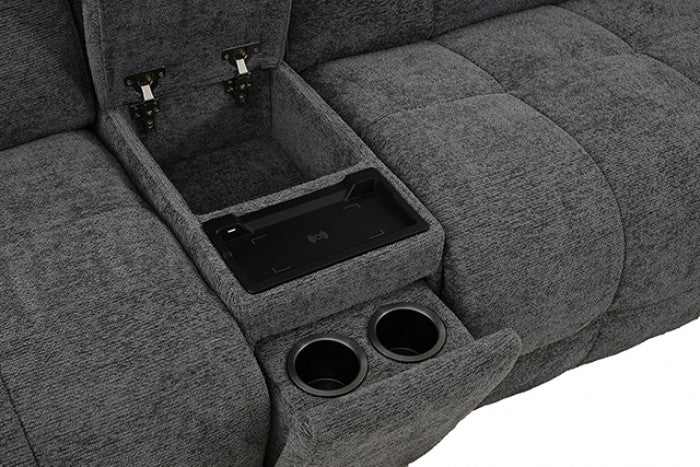 CM9936DG-PM 6 pc Clemens dark grey chenille sectional sofa with power motion recliners and wireless charging pad console