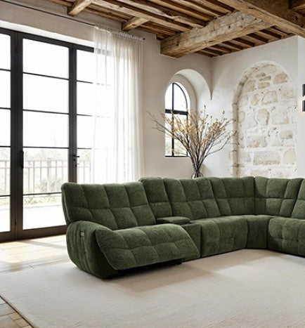 CM9936GR-PM 6 pc Clemens jade green chenille sectional sofa with power motion recliners and wireless charging pad console
