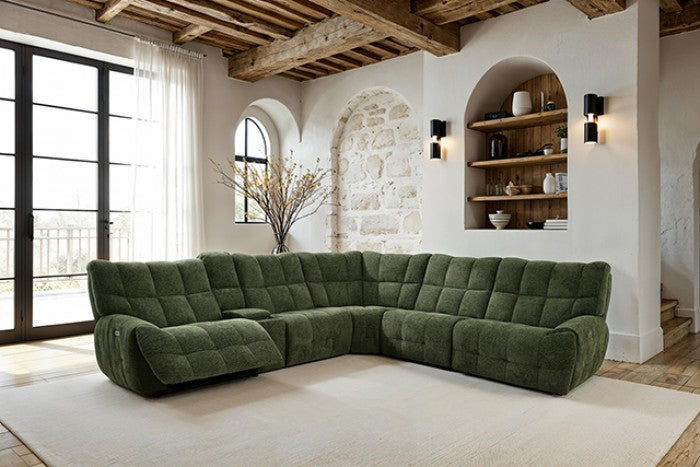 CM9936GR-PM 6 pc Clemens jade green chenille sectional sofa with power motion recliners and wireless charging pad console