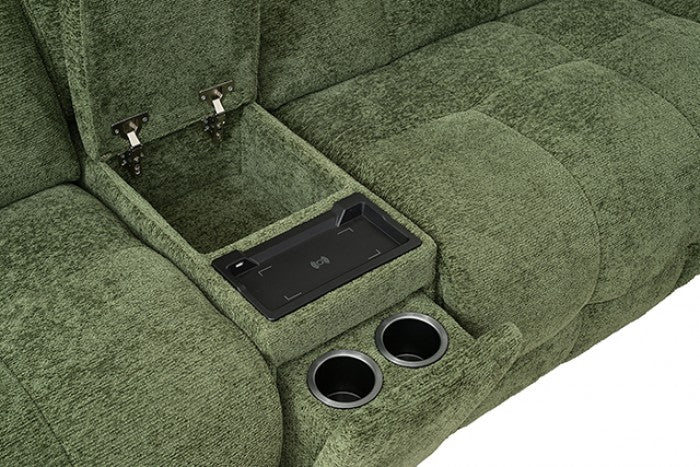 CM9936GR-PM 6 pc Clemens jade green chenille sectional sofa with power motion recliners and wireless charging pad console