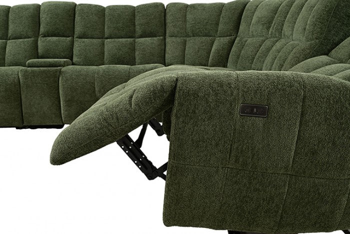 CM9936GR-PM 6 pc Clemens jade green chenille sectional sofa with power motion recliners and wireless charging pad console