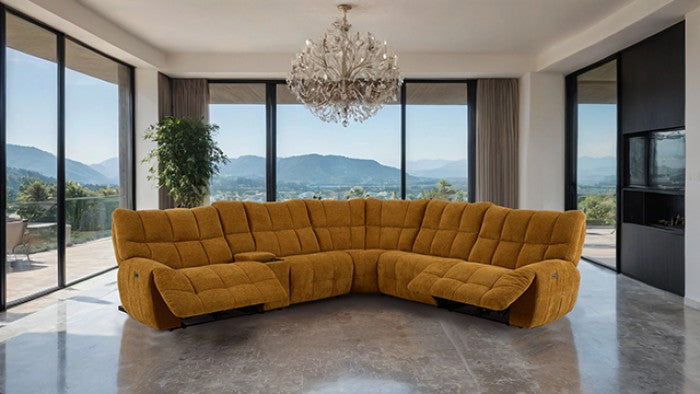 CM9936YL-PM 6 pc Clemens butterscotch chenille sectional sofa with power motion recliners and wireless charging pad console