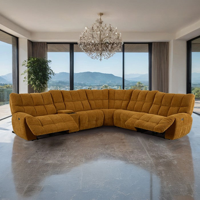 CM9936YL-PM 6 pc Clemens butterscotch chenille sectional sofa with power motion recliners and wireless charging pad console