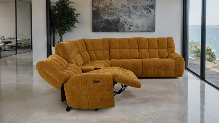 CM9936YL-PM 6 pc Clemens butterscotch chenille sectional sofa with power motion recliners and wireless charging pad console