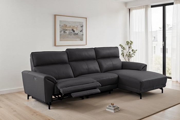 CM9937BK-R 2 pc Themis black top grain leather sectional sofa with power motion recliner and chaise