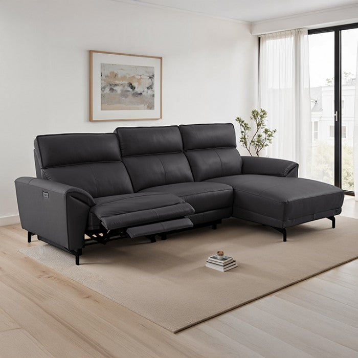 CM9937BK-R 2 pc Themis black top grain leather sectional sofa with power motion recliner and chaise