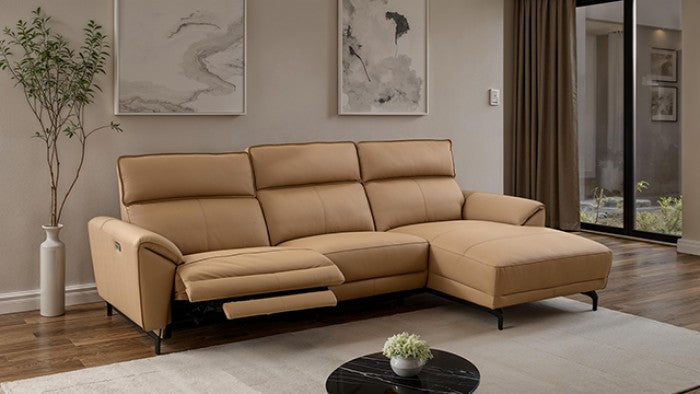 CM9937LB-R 2 pc Themis light brown top grain leather sectional sofa with power motion recliner and chaise