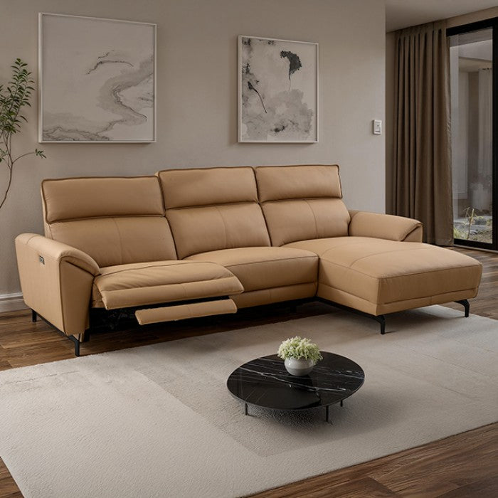 CM9937LB-R 2 pc Themis light brown top grain leather sectional sofa with power motion recliner and chaise