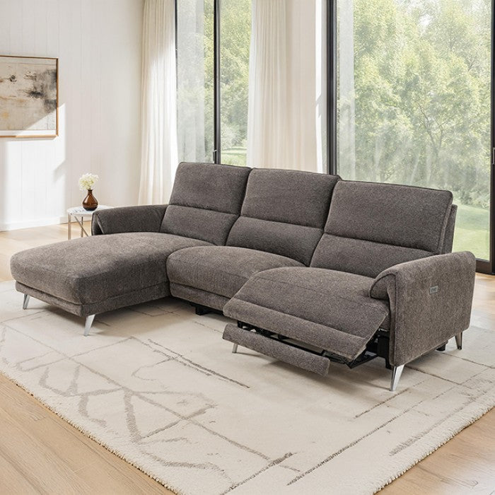 CM9938BR-L 2 pc Brande brown chenille fabric sectional sofa with power motion recliner and chaise