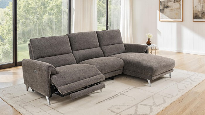 CM9938BR-R 2 pc Brande brown chenille fabric sectional sofa with power motion recliner and chaise