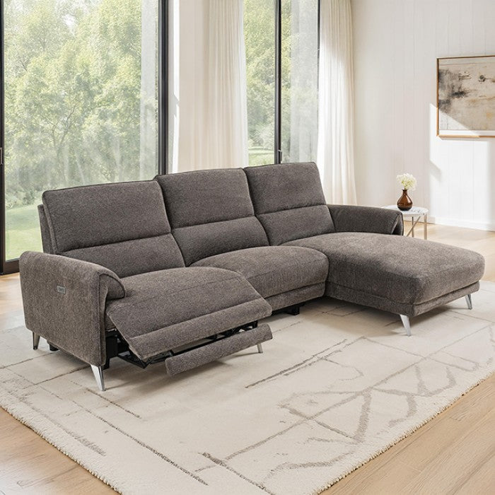 CM9938BR-R 2 pc Brande brown chenille fabric sectional sofa with power motion recliner and chaise