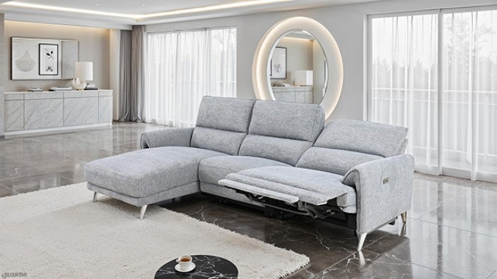 CM9938GY-L 2 pc Brande grey chenille fabric sectional sofa with power motion recliner and chaise