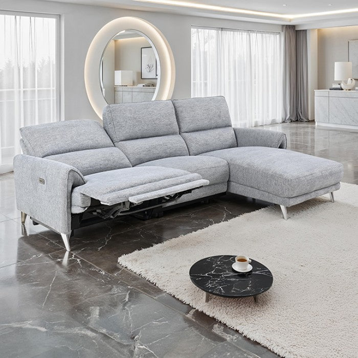 CM9938GY-R 2 pc Brande grey chenille fabric sectional sofa with power motion recliner and chaise