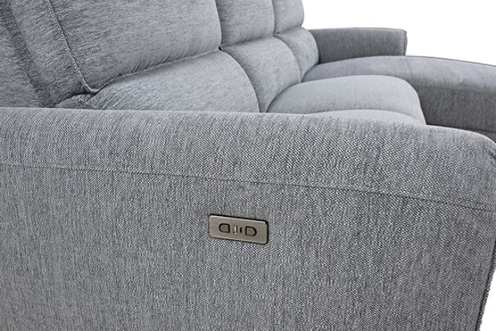 CM9938GY-R 2 pc Brande grey chenille fabric sectional sofa with power motion recliner and chaise