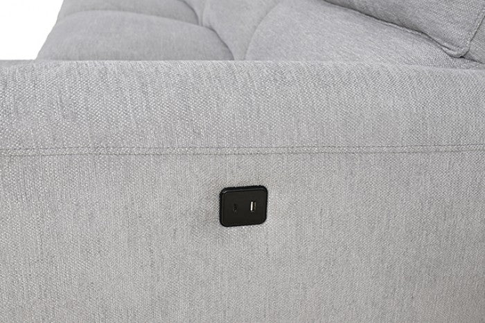 CM9938LG-R 2 pc Brande light grey chenille fabric sectional sofa with power motion recliner and chaise