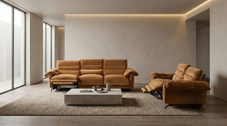 CM9943BR-PM-2PC 2 pc Morley sienna brown fabric sofa and love seat with power recliner ends
