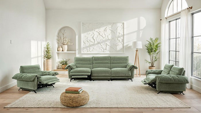 CM9943GR-PM-2PC 2 pc Morley sage green fabric sofa and love seat with power recliner ends