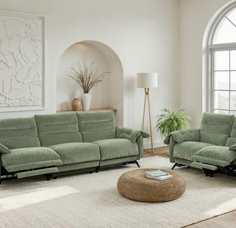 CM9943GR-PM-2PC 2 pc Morley sage green fabric sofa and love seat with power recliner ends