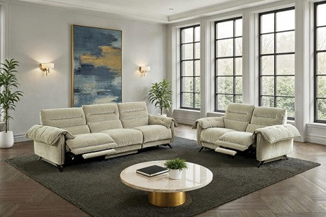 CM9943TP-PM-2PC 2 pc Morley taupe fabric sofa and love seat with power recliner ends