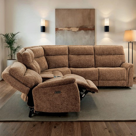 CM9944BR-SECT-PM 6 pc Mattheus cypris brown fabric sectional sofa with power motion recliner and USB chargers